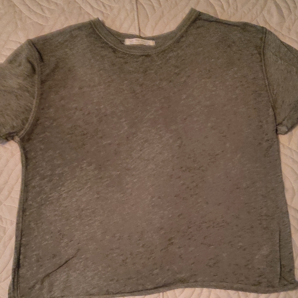 We The Free Short Cuffed Sleeve Oversized Crew Tee Distressed Hem in Sage